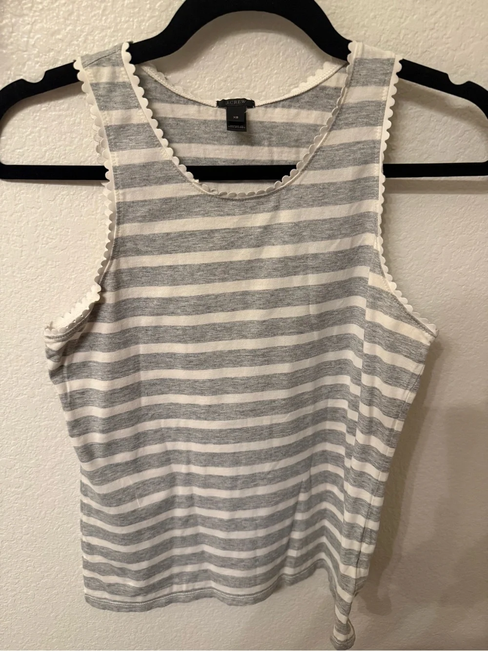 J. Crew Gray and White Striped Scallop-Edge Tank
